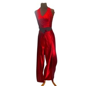 Women's 2 Piece Suit Set Red Halter Neck‎ Top & Thai Silk Fisherman Pants Wrap
